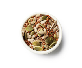 Mix of different seeds in bowl isolated on white, top view