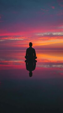 A man is sitting on a beach at sunset. The sky is a beautiful mix of pink and orange hues. The man is in a meditative state, looking out at the water. The scene is peaceful and calming