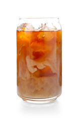 Tasty iced coffee with milk in glass isolated on white