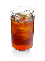 Tasty coffee with ice cubes in glass isolated on white