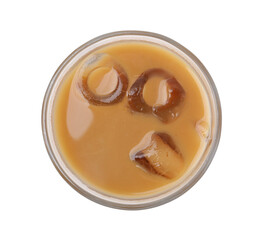Tasty coffee with ice cubes and milk isolated on white, top view