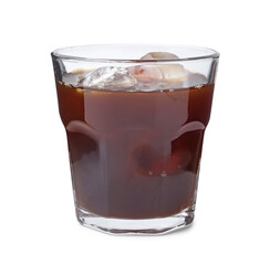 Tasty coffee with ice cubes isolated on white