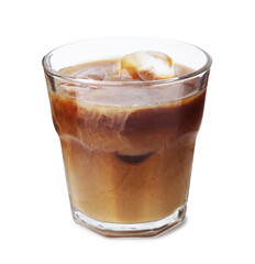 Tasty iced coffee with milk isolated on white