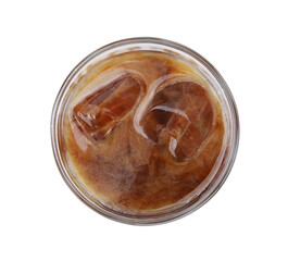 Tasty coffee with ice cubes and milk isolated on white, top view