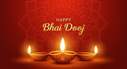 Beautiful Bhai Dooj Greeting Illustration Featuring Glowing Diyas and Intricate Mandala Art Radiant Warm Colors Representing Love Between Siblings Perfect for Festive Posters Cards and Digital Designs