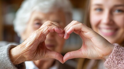 A senior woman and a young woman create a heart shape with their hands representing affection and bond