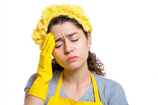 Weary and drained cleaning woman feels fatigued isolated on white domestic chores and health care idea