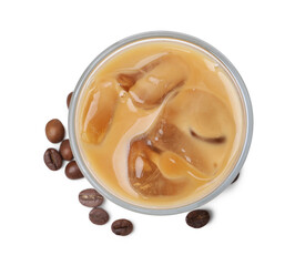 Tasty iced coffee with milk and beans isolated on white, top view