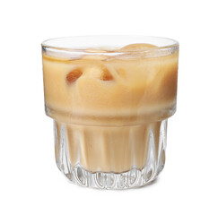 Tasty coffee with ice cubes and milk isolated on white