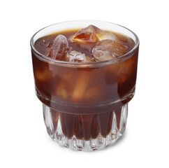 Tasty coffee with ice cubes isolated on white