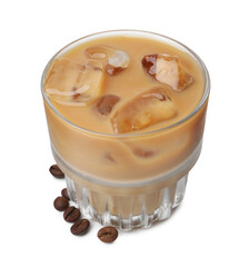Tasty iced coffee with milk and beans isolated on white