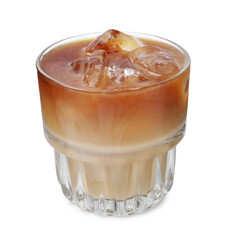 Tasty coffee with ice cubes and milk isolated on white