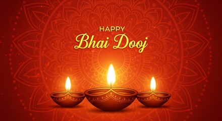 Beautiful Bhai Dooj Greeting Illustration Featuring Glowing Diyas and Intricate Mandala Art Radiant Warm Colors Representing Love Between Siblings Perfect for Festive Posters Cards and Digital Designs