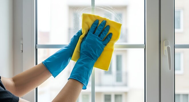 Hands in blue gloves cleaning a window with a yellow cloth.