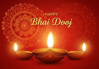 Beautiful Bhai Dooj Greeting Illustration Featuring Glowing Diyas and Intricate Mandala Art Radiant Warm Colors Representing Love Between Siblings Perfect for Festive Posters Cards and Digital Designs