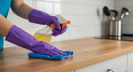 Person in purple gloves cleaning a wooden kitchen counter with spray and cloth.