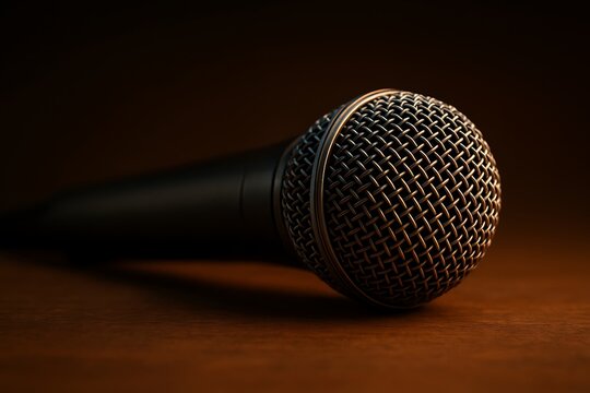 Close up of a vintage microphone on a wooden table with dramatic lighting.