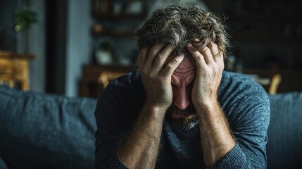 A middle aged man distressed by personal issues sits on a couch with his hands over his head He appears uninspired and is facing a family crisis