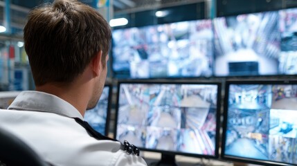 Male security officer communicating via radio and CCTV for protection of a data center or building Oversight video monitoring agency and control room with footage rear view and comput