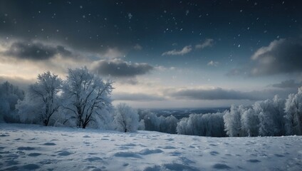 Epic winter landscape: snow field and snow-covered trees covered with hoarfrost on a hill under a dramatic sky with a sun glow and snowfall