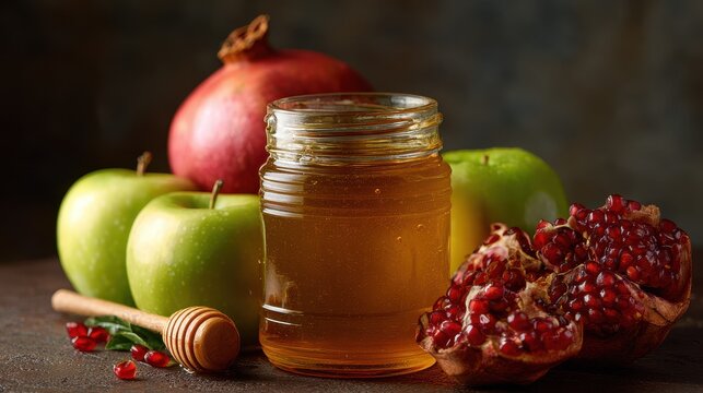 honey jar green apples pomegranate celebrating Rosh Hashanah and Yom Kippur