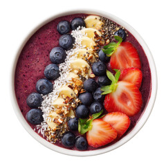 bowl filled with granola topped with banana slices, kiwi, blueberries, and strawberries, isolated on transparent background
