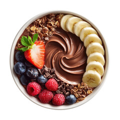 bowl filled with granola topped with banana slices, kiwi, blueberries, and strawberries, isolated on transparent background