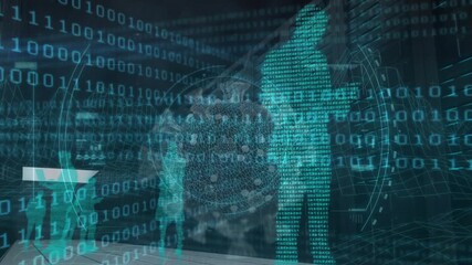 Scrolling binary code activating UI, male avatar holding tablet, viral sphere forming for analysis - Powered by Adobe