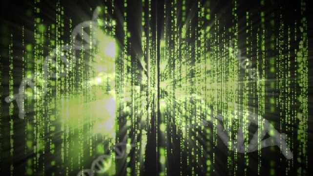 Opening code streams converging glowing core while drifting DNA helices rotating showing data flow