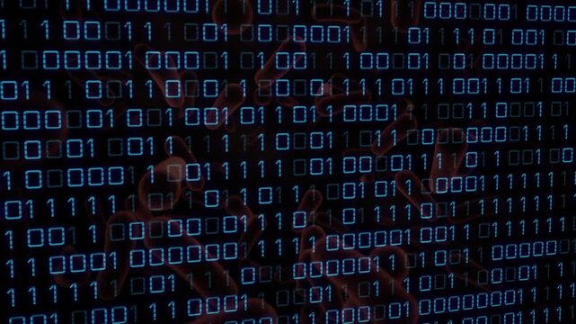 Faint hands entering behind glowing binary grid, pressing and sweeping digits showing code flow