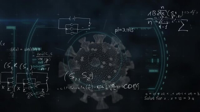 Opening dark display showing notations, animating virus updating pi and pulsing HUD visualization