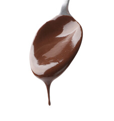 Tasty melted chocolate flowing down from spoon on white background