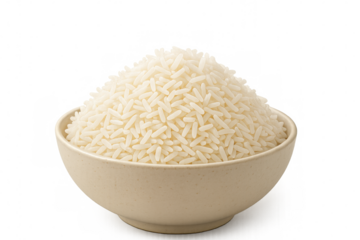 Uncooked white asian basmati rice grains forming a mound in ceramic bowl on transparent background