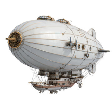 An old, rusted steam-powered airship with a weathered exterior, isolated on transparent background