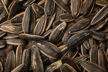 Unpeeled sunflower seeds as background, closeup view