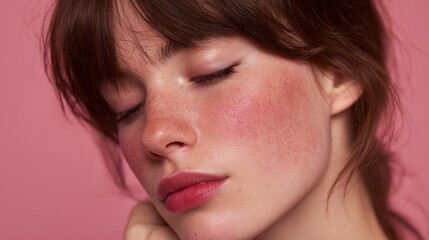 Image of a lovely woman with closed eyes highlighting red veins on her cheeks Pink backdrop Space for text Rosacea therapy idea