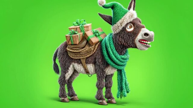 A charming cartoon donkey in festive attire, a santa hat and green scarf, carrying a stack of wrapped gifts, set against a green backdrop