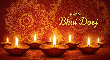 Beautiful Bhai Dooj Greeting Illustration Featuring Glowing Diyas and Intricate Mandala Art Radiant Warm Colors Representing Love Between Siblings Perfect for Festive Posters Cards and Digital Designs