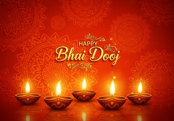 Beautiful Bhai Dooj Greeting Illustration Featuring Glowing Diyas and Intricate Mandala Art Radiant Warm Colors Representing Love Between Siblings Perfect for Festive Posters Cards and Digital Designs
