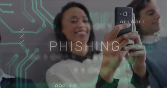 Team tapping smartphones causing phishing alert highlighting risk across four office devices