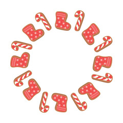 Round Christmas gingerbread cookie frame, highlighted on a white background. Vector illustration. Suitable for making postcards, invitations, decorations, flyers