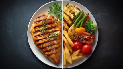 Plate divided in two halves: grilled chicken with vegetables vs greasy junk food, diet contrast concept