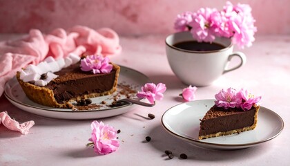 Decadent chocolate tart slices, coffee, pink blossoms, and ambiance