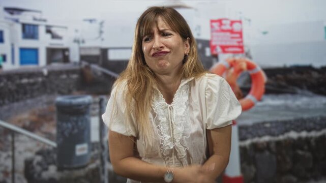 Woman hugging arms across chest on seaside street near orange lifebuoy and rocky quay, wearing watch and rings on hands; cold discomfort.