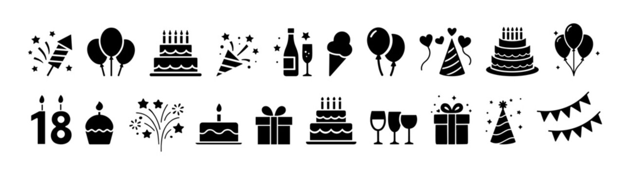 Birthday celebration icon set on transparent background