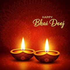 Beautiful Bhai Dooj Greeting Illustration Featuring Glowing Diyas and Intricate Mandala Art Radiant Warm Colors Representing Love Between Siblings Perfect for Festive Posters Cards and Digital Designs