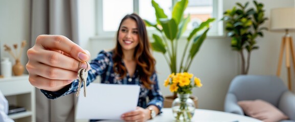 Real estate agent key hand-off property management insights mortgage contracts housing investment checklist in modern living room