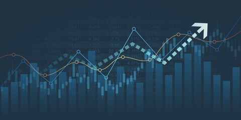technology financial graph with uptrend line arrow and bar chart of stock market on blue color background