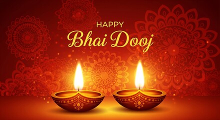 Beautiful Bhai Dooj Greeting Illustration Featuring Glowing Diyas and Intricate Mandala Art Radiant Warm Colors Representing Love Between Siblings Perfect for Festive Posters Cards and Digital Designs