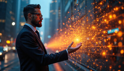 Man in suit manipulates digital data streams. Futuristic cityscape background. Concept of AI innovation and global network growth. Successful tech strategy.